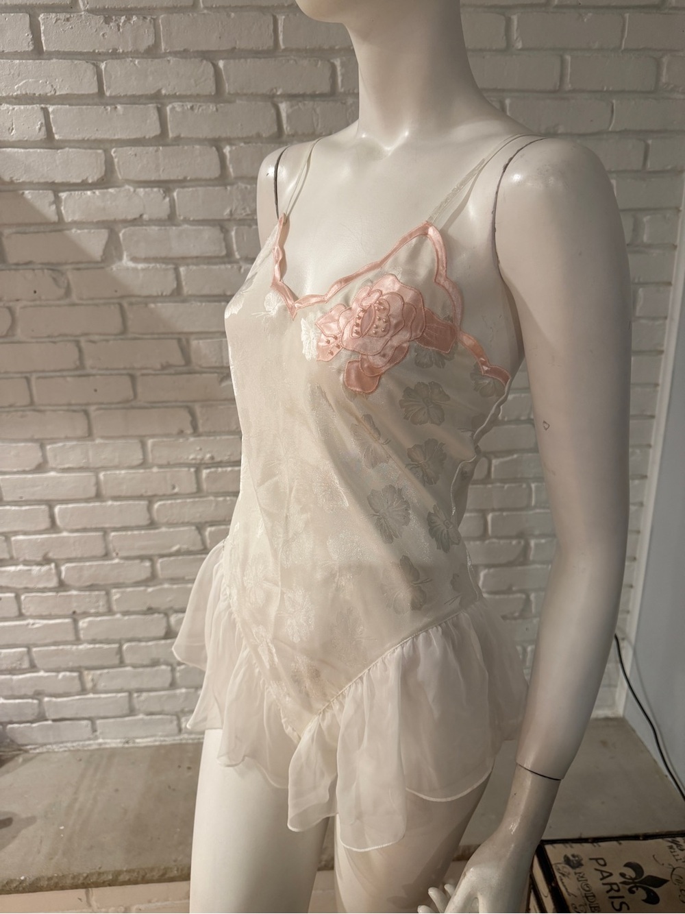 Vintage Gold Label Victoria’s Secret Teddy Bodysuit S Ivory Floral Satin Chiffon - Picture 5 of 13